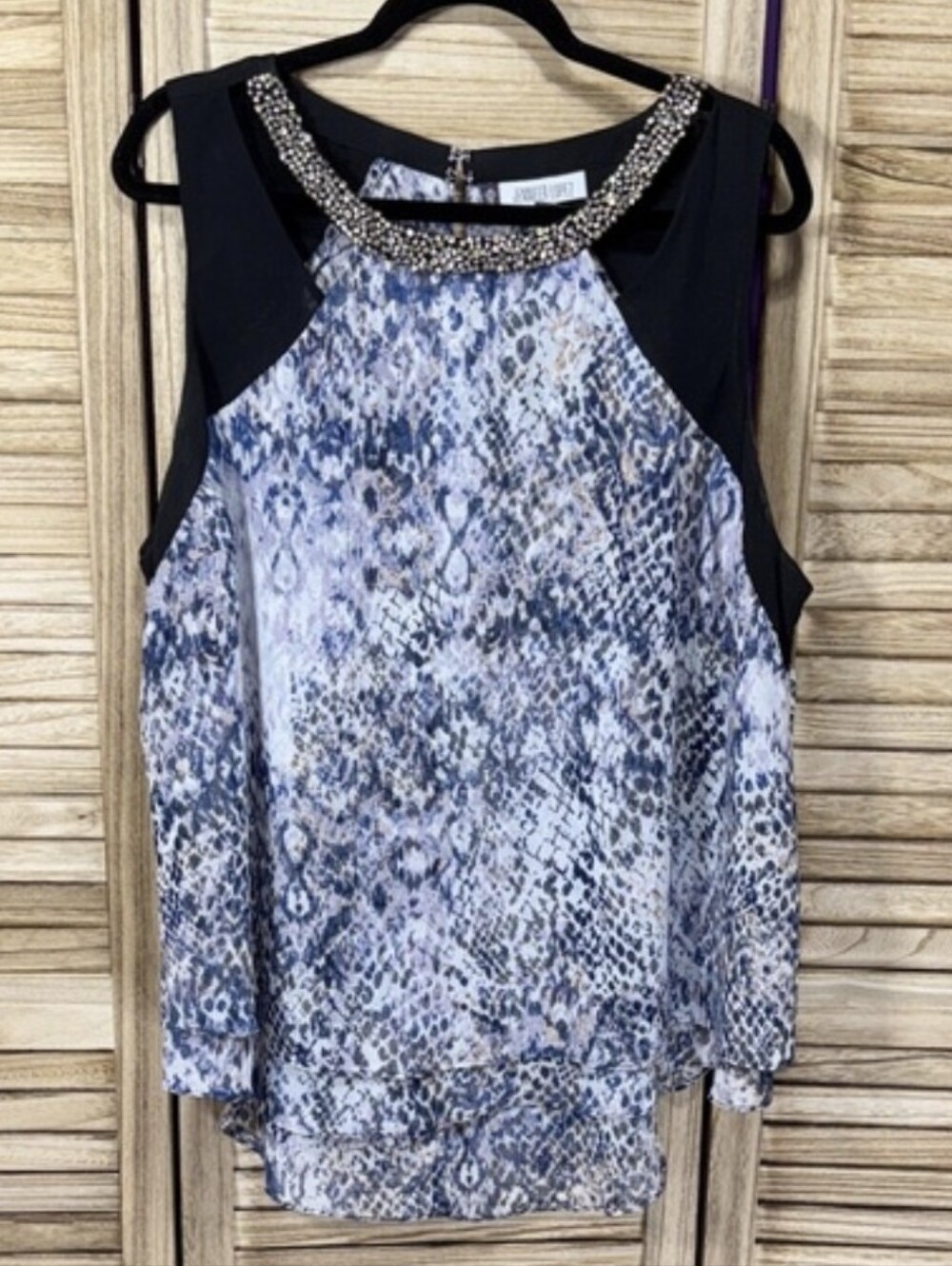 Jennifer Lopez Embellished Neck Sleeveless Snake-Print Top